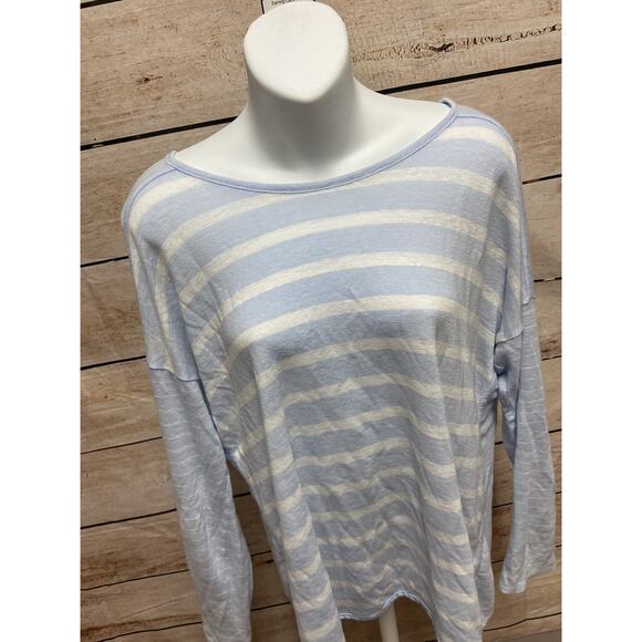 Athleta Womens Linen Shirt Size Large Blue Striped Blouse Casual Top Long Sleeve - Picture 5 of 13